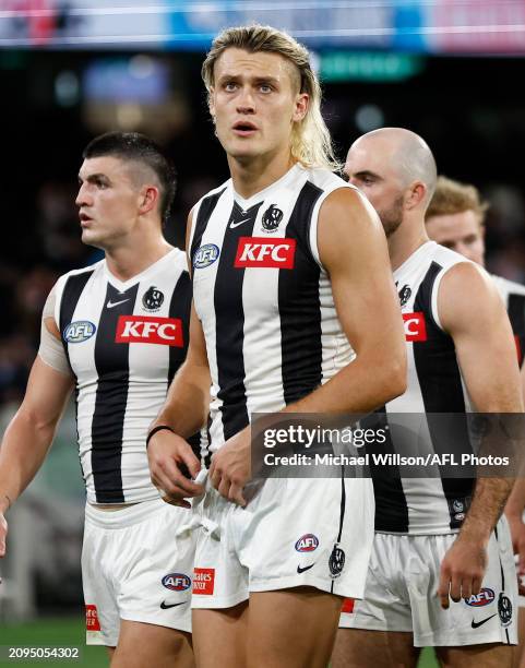 Darcy Moore of the Magpies looks dejected after a loss during the 2024 AFL Round 02 match between the St Kilda Saints and the Collingwood Magpies at...