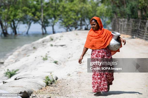 Woman is carrying a jar after collecting drinking water from a reverse-osmosis plant set up by a local Non-Governmental Organisation at Shyamnagar...