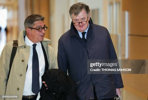 Of Paris airports group Groupe ADP Augustin de Romanet de Beaune arrives with his lawyer Jean-Marc Fedida for his trial on suspicion of favouritism...