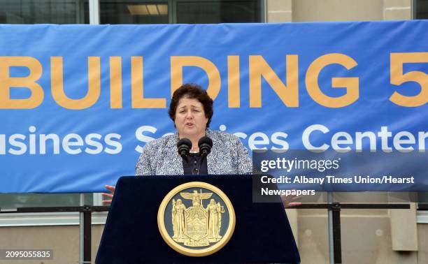 Commissioner RoAnn Desito speaks during ceremonies to reopen the newly renovated building 5, on the Harriman Campus unused since 2004, Tuesday July...