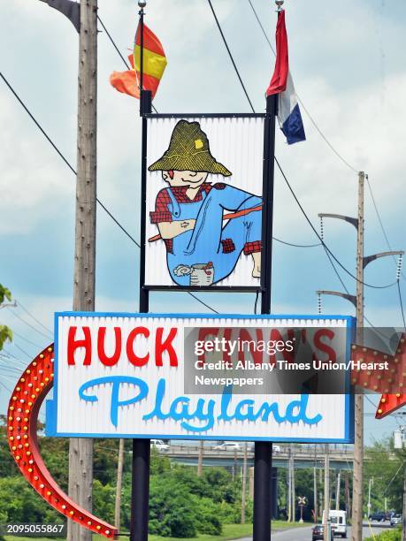 Huck Finn's Playland sign Wednesday July 1 Albany, NY.