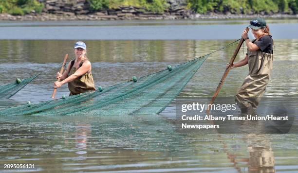 Rebecca Houser, left, DEC environmental science coordinator, and Hudson River Project volunteer Kacie Giuliano pull a 30-foot net checking out the...