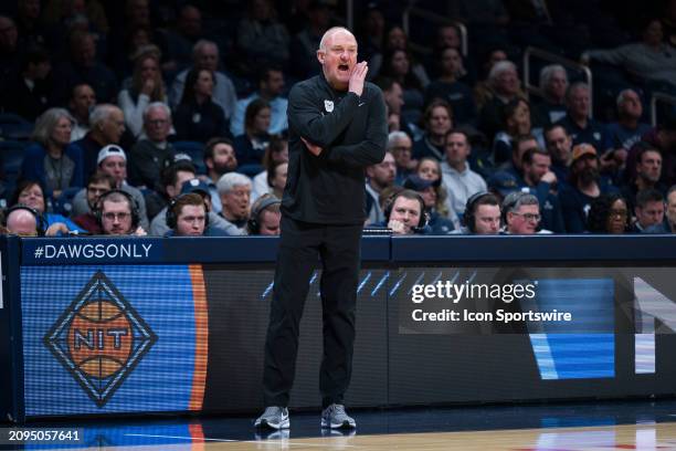 Butler Bulldogs head coach Thad Matta on the sidelines during the NIT Tournament men's college basketball game between the Butler Bulldogs and...