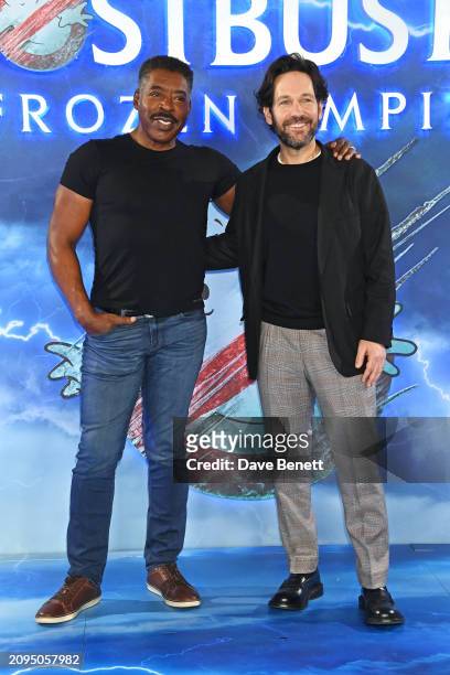 Ernie Hudson and Paul Rudd attend the "Ghostbusters: Frozen Empire" photocall at Claridge's Hotel on March 21, 2024 in London, England.