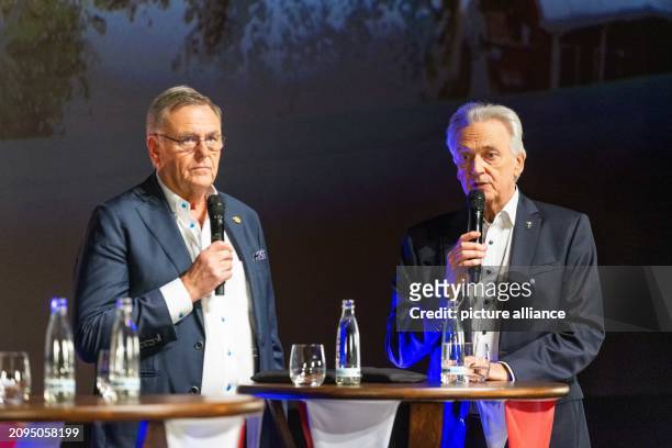 March 2024, Baden-Württemberg, Rust: Roland Mack , Managing Partner of Europa-Park, stands in Europa-Park and speaks while his brother Jürgen Mack ,...