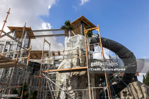 March 2024, Baden-Württemberg, Rust: Scaffolding stands next to the artificial rocks of the "Yomi Adventure Trail". The attraction is due to open in...