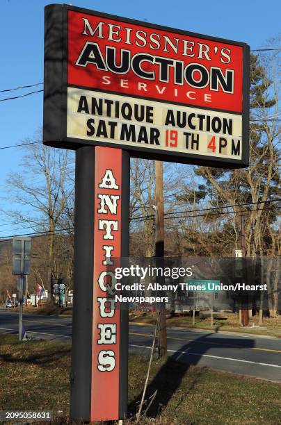 Sign outside Meissner's Auction Service Saturday March 19, 2016 in New Lebanon, NY.