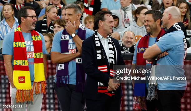 Wayne Campbell, Matthew Pavlich, Andrew Dillon , Chris Johnson and Aaron Hamill are seen during the 2024 AFL Round 02 match between the St Kilda...