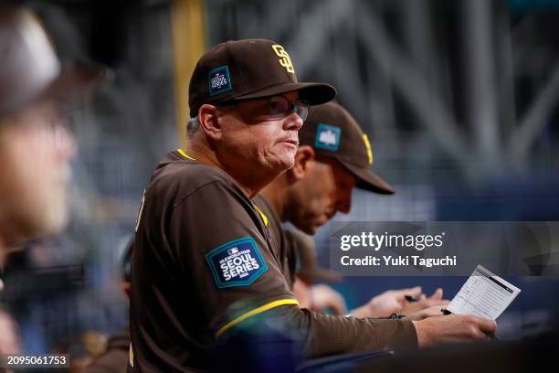 Mike Shildt of the San Diego Padres looks on from the dugout during the 2024 Seoul Series game between the San Diego Padres and the Los Angeles...