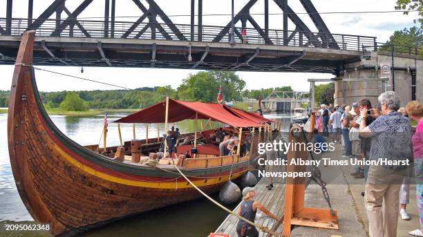 Small crowd is on hand to welcome the world's largest Viking ship sailing in modern times, the Draken Harald Hårfagre to her night's mooring on the...