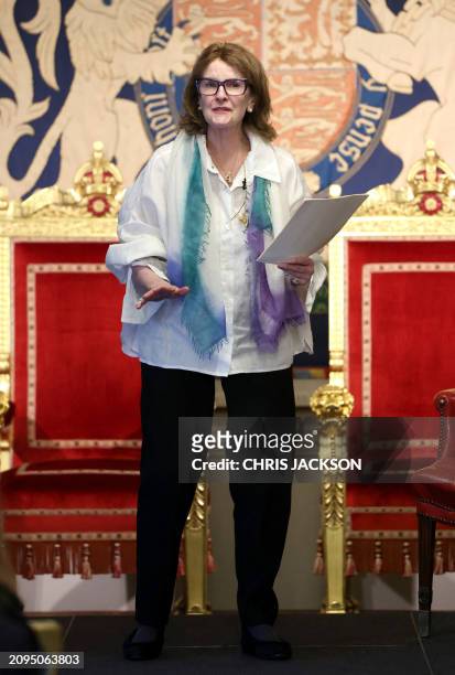 Actress Frances Tomelty speaks during an event hosted by The Queen's Reading Room to mark World Poetry Day at Hillsborough Castle, in Belfast on...