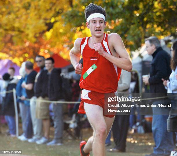 Chris Hughes of Glens Falls High wins the Class B boys race during the Section II cross country championships at Saratoga Spa State Park Friday Nov....