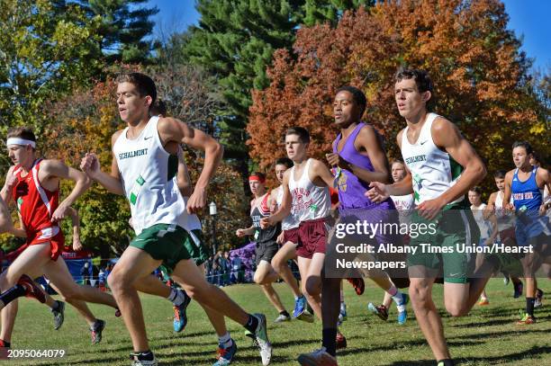 Start of the Class B boys race during the Section II cross country championships at Saratoga Spa State Park Friday Nov. 4, 2016 in Saratoga Springs,...