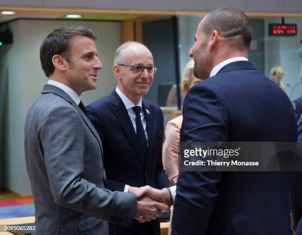 French President Emmanuel Macron is talking with the Luxembourg Prime Minister Luc Frieden, the President of the European Commission Ursula von der...
