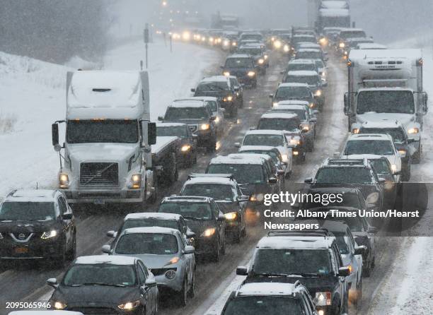 Southbound traffic on I-87 creeps along as a nor'easter hits the Capital Region Thursday Feb. 9, 2017 in Clifton Park, NY.