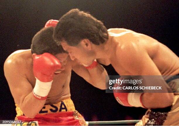 Julio Cesar Chavez of Mexico attempts to duck a right punch from Tony "The Tiger" Lopez of Sacramento, California 10 December 1994 in their scheduled...