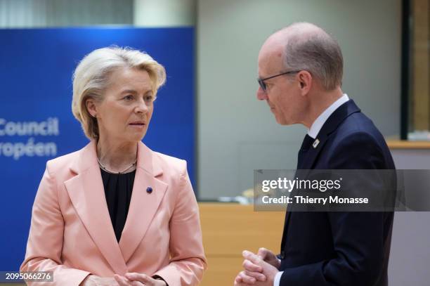 President of the European Commission Ursula von der Leyen is talking with the Luxembourg Prime Minister Luc Frieden prior the start of an EU Leaders...