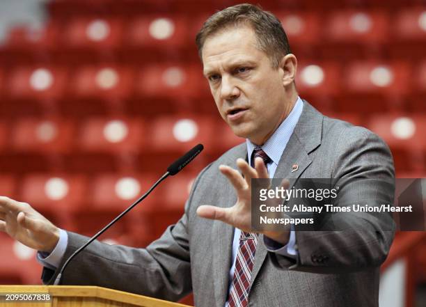Dave Smith answers questions after being introduced as RPI's new men's hockey coach during a news conference Thursday April 6, 2017 in Troy, NY....