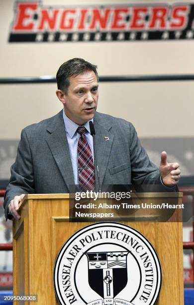 Dave Smith is introduced as RPI's new men's hockey coach during a news conference Thursday April 6, 2017 in Troy, NY. Smith has spent the past 12...