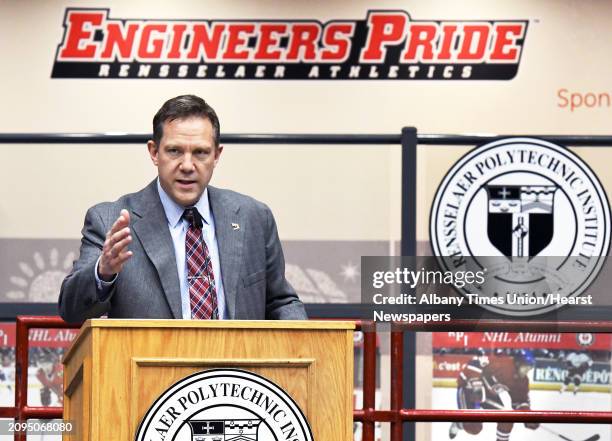 Dave Smith is introduced as RPI's new men's hockey coach during a news conference Thursday April 6, 2017 in Troy, NY. Smith has spent the past 12...