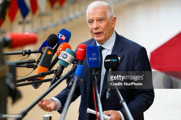High Representative of the Union for Foreign Affairs and Security Policy, Josep Borrell, is speaking to the press as he arrives to attend a European...