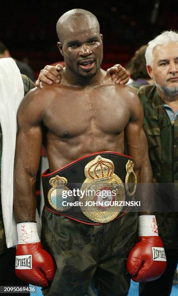 Cruiserweight Champion Jean-Marc Mormeck of France wears the WBA Championship Belt after he defeated Alexander Gurov of the Ukraine with an 8th round...