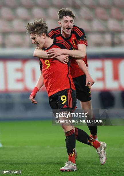 Belgium's Romeo Vermant celebrates after scoring during a soccer game between the U21 youth team of the Belgian national soccer team Red Devils and...