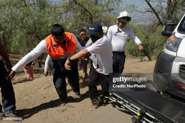 Members of Civil Protection are rescuing a person who suffered a fall while climbing Cerro de la Estrella in the Iztapalapa mayor's office in Mexico...