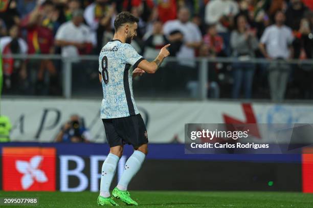 Bruno Fernandes of Portugal celebrates scoring Portugal third goal during the international friendly match between Portugal and Sweden on March 21,...