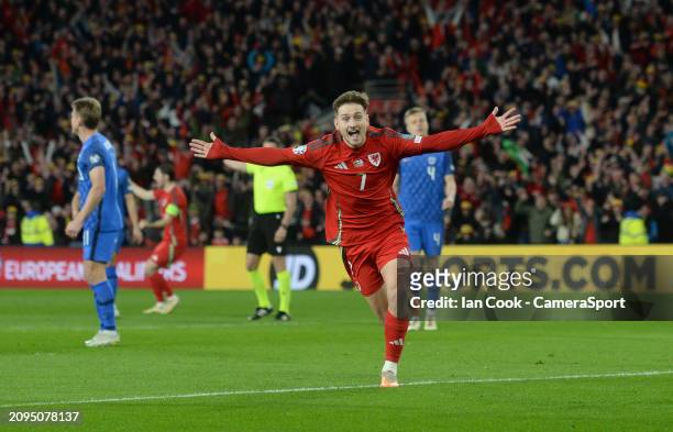 Wales' David Brooks celebrates scoring his side's first goal during the UEFA European Championship Qualifier Semi-Final match between Wales and...