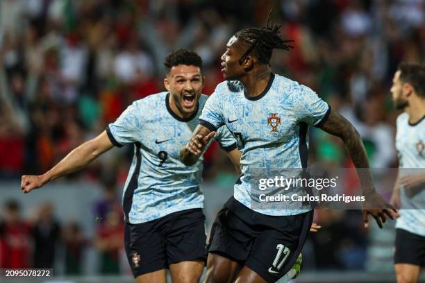 Rafael Leao of Portugal celebrates scoring Portugal first goal during the international friendly match between Portugal and Sweden on March 21, 2024...