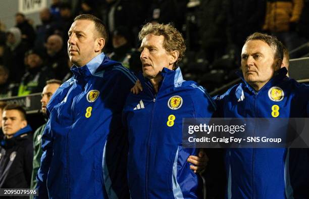 Scotland goalkeeping performance and coach education manager Graeme Smith and head coach Scot Gemmill during the national anthem during a UEFA Euro...