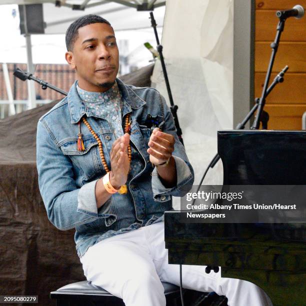 Pianist Christian Sands kicks off a number as his trio performs at The 2018 FreihoferÕs Saratoga Jazz Festival at Saratoga Performing Arts Center...