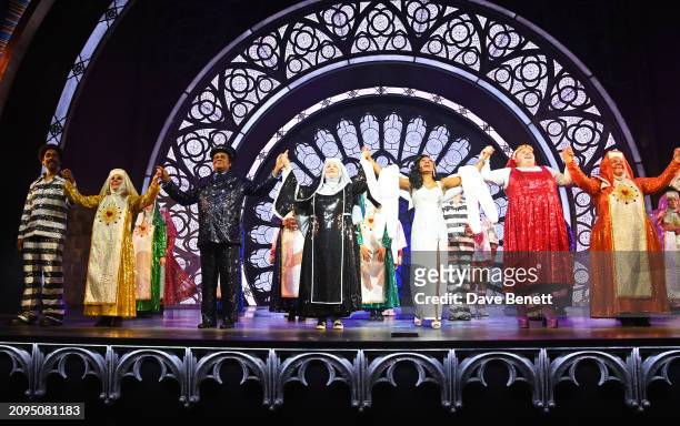Cast members Lemar, Lesley Joseph, Clive Rowe, Ruth Jones, Beverley Knight, Lizzie Bea and Alison Jiear bow at the curtain call during the press...