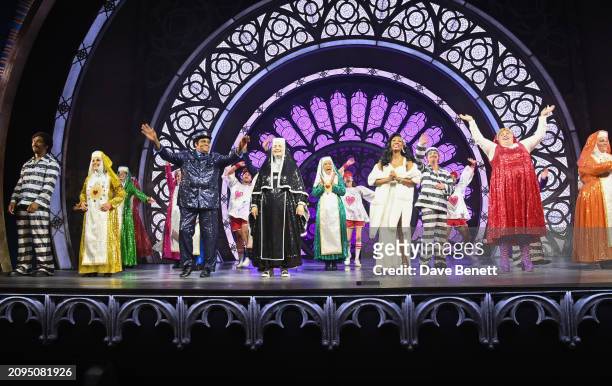 Cast members Lemar, Lesley Joseph, Clive Rowe, Ruth Jones, Beverley Knight, Lizzie Bea and Alison Jiear bow at the curtain call during the press...
