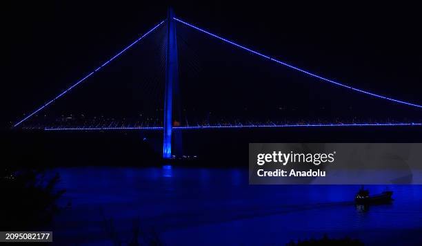 Yavuz Sultan Selim Bridge is illuminated with blue lights to raise awareness about colon cancer, under the scope of 'Colon Cancer Awareness Month' in...
