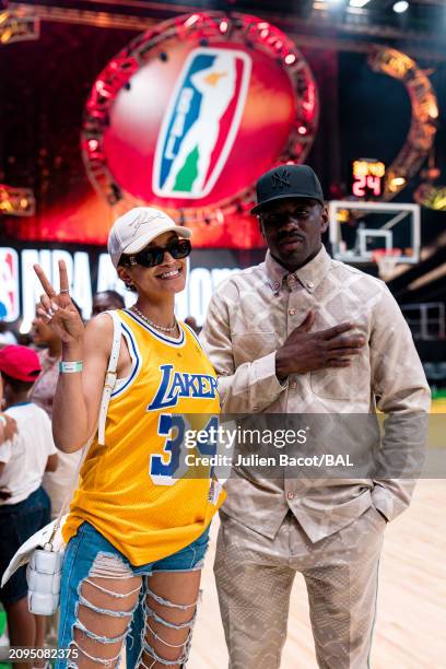 Pearl Thusi & Jeremiah Owusu-Koramoah poses for a photo during the Kalahari Conference Group play for the 2024 Basketball Africa League season on...