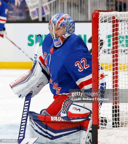 Jonathan Quick of the New York Rangers warms up prior to a game against the Boston Bruins at the TD Garden on March 21, 2024 in Boston, Massachusetts.