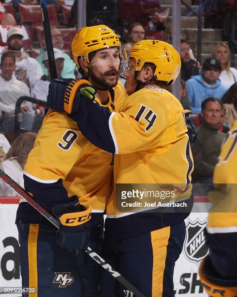 Gustav Nyquist of the Nashville Predators celebrates his goal \Filip Forsberg in the first period against the Florida Panthers at the Amerant Bank...