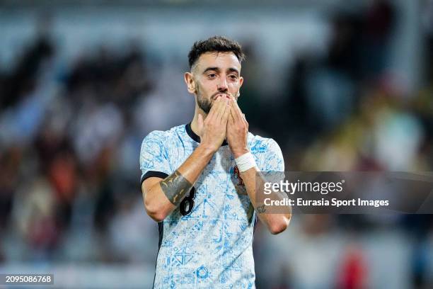 Bruno Fernandes of Portugal celebrates his goal during the international friendly match between Portugal and Sweden at Estadio Dom Afonso Henriques...