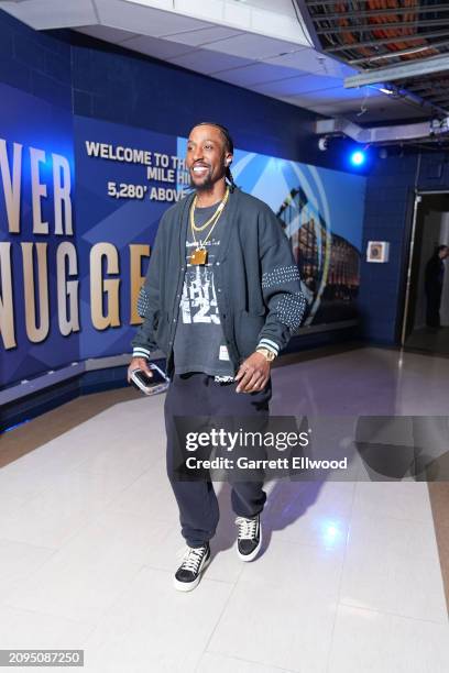 Kentavious Caldwell-Pope of the Denver Nuggets arrives to the arena before the game against the New York Knicks on March 21, 2024 at the Ball Arena...