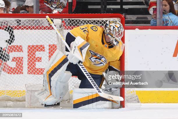 Goaltender Kevin Lankinen of the Nashville Predators defends the net against the Florida Panthers at the Amerant Bank Arena on March 21, 2024 in...