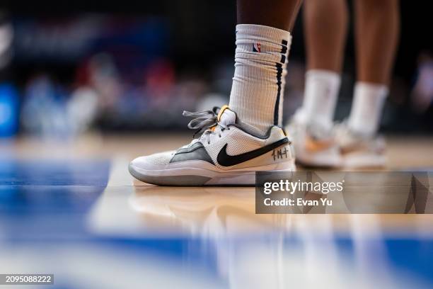 The sneakers worn by Oscar Tshiebwe of the Indiana Mad Ants during the game against the Long Island Nets on March 21, 2024 at Nassau Coliseum in...