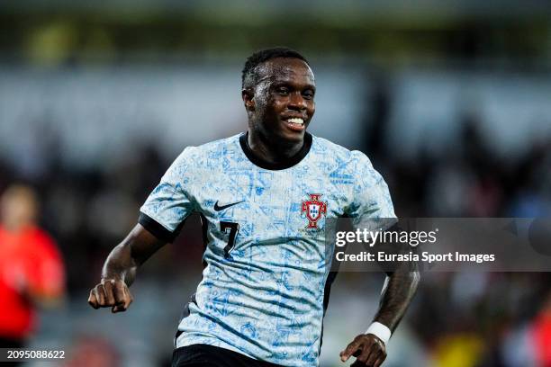 Armindo Bruma of Portugal celebrates his goal during the international friendly match between Portugal and Sweden at Estadio Dom Afonso Henriques on...