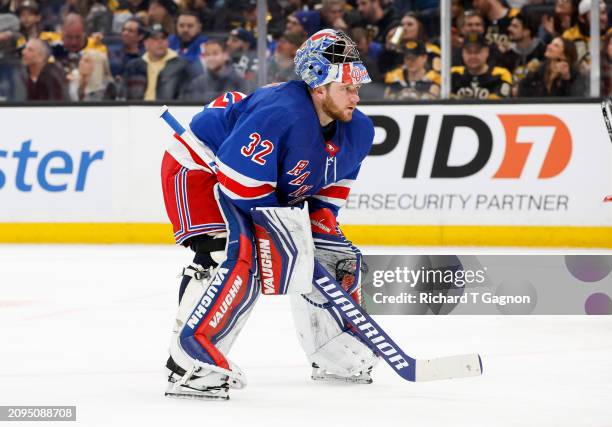 Jonathan Quick of the New York Rangers tends goal against the Boston Bruins during the third period at the TD Garden on March 21, 2024 in Boston,...