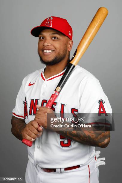 Willie Calhoun of the Los Angeles Angels poses for a photo during the Los Angeles Angels Photo Day at Tempe Diablo Stadium on Wednesday, February 21,...