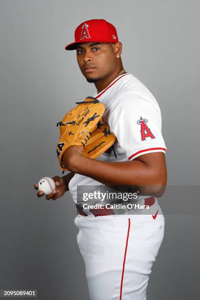 Guillo Zuñiga of the Los Angeles Angels poses for a photo during the Los Angeles Angels Photo Day at Tempe Diablo Stadium on Wednesday, February 21,...