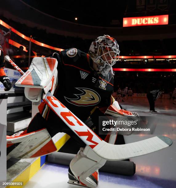 Lukas Dostal of the Anaheim Ducks takes the ice prior to the game against the Chicago Blackhawks at Honda Center on March 21, 2024 in Anaheim,...