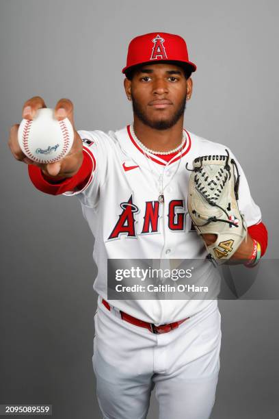 Walbert Ureña of the Los Angeles Angels poses for a photo during the Los Angeles Angels Photo Day at Tempe Diablo Stadium on Wednesday, February 21,...