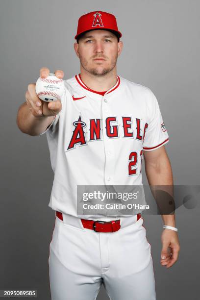 Mike Trout of the Los Angeles Angels poses for a photo during the Los Angeles Angels Photo Day at Tempe Diablo Stadium on Wednesday, February 21,...